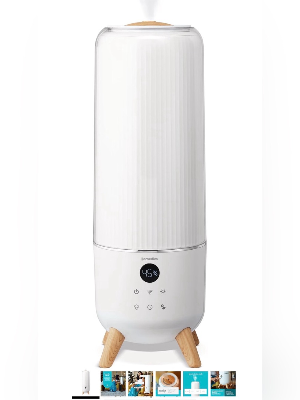 Homedics White Ultrasonic Humidifier with Wood-Tone Legs- BRAND NEW IN BOX